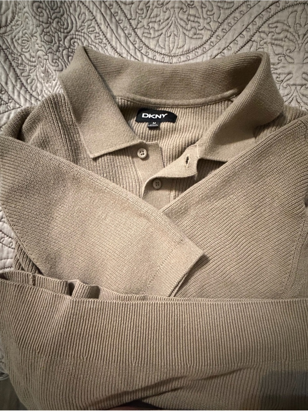 DKNY Men's Beige V-Neck Knit Polo Sweater